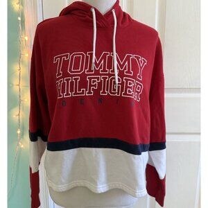 Tommy Hilfiger Denim Hockey Style Colorblock Hoodie Red White Blue